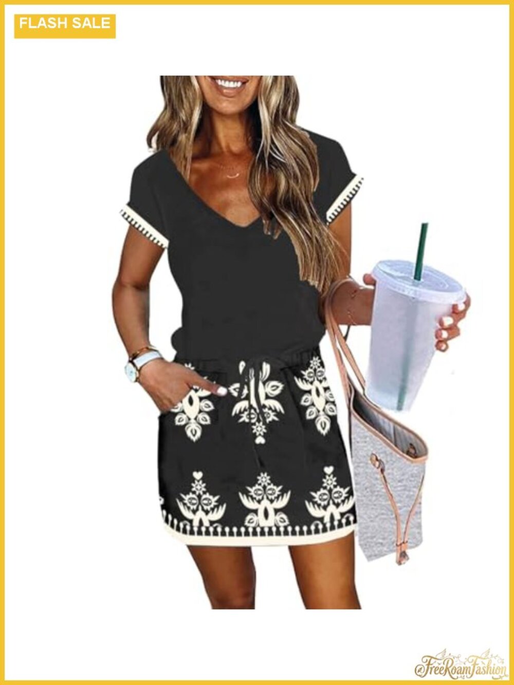 Womens Summer Lantern Sleeve V Neck Tie Front Drawstring Mini Dress